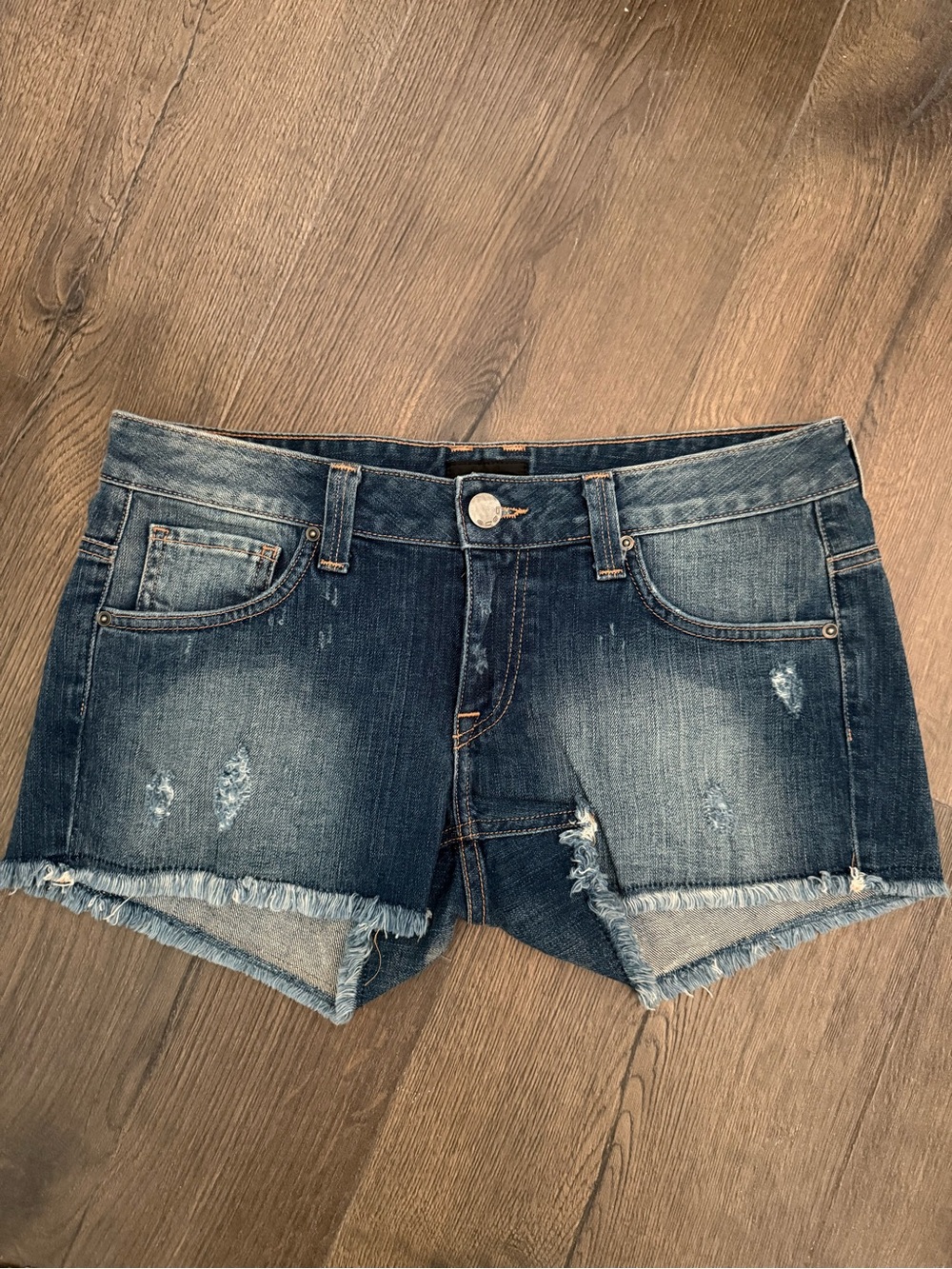bebe Women's Dark Blue Denim Distressed Cutoff Shorts